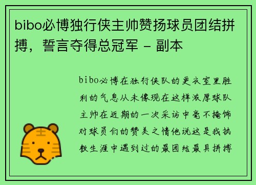 bibo必博独行侠主帅赞扬球员团结拼搏，誓言夺得总冠军 - 副本